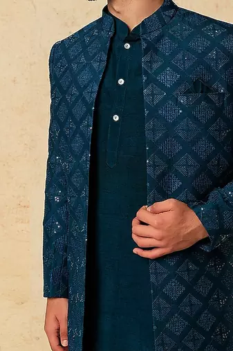 Teal Silk Mirror Textured Front Open Bandhgala With Plain Kurta And Slim Pants.