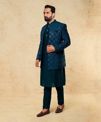 Teal Silk Mirror Textured Front Open Bandhgala With Plain Kurta And Slim Pants. 1