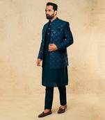 Teal Silk Mirror Textured Front Open Bandhgala With Plain Kurta And Slim Pants.