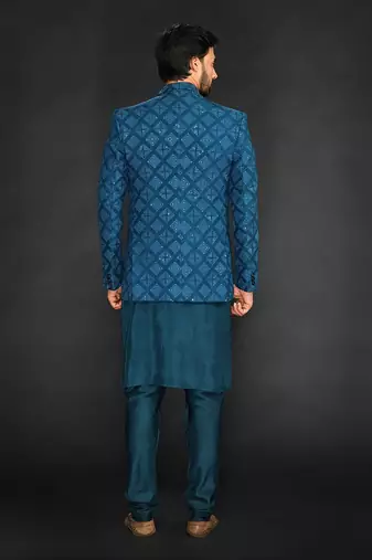 Teal Green Blazer With Plain Kurta And Slim Pant