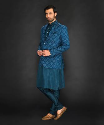 Teal Green Blazer With Plain Kurta And Slim Pant 3