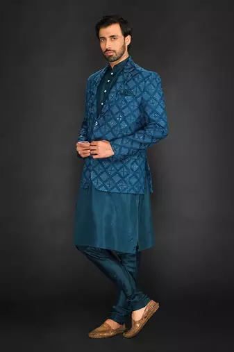Teal Green Blazer With Plain Kurta And Slim Pant