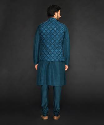 Teal Green Geometric Machine Textured Bundi Paired With Silk Kurta And Slim Pant 2
