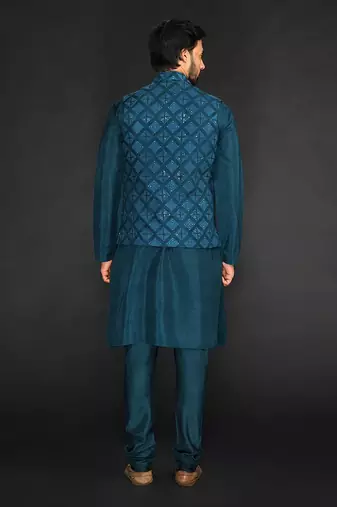 Teal Green Geometric Machine Textured Bundi Paired With Silk Kurta And Slim Pant