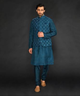 Teal Green Geometric Machine Textured Bundi Paired With Silk Kurta And Slim Pant 1