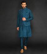 Teal Green Geometric Machine Textured Bundi Paired With Silk Kurta And Slim Pant