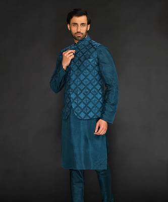 Teal Green Geometric Machine Textured Bundi Paired With Silk Kurta And Slim Pant 3