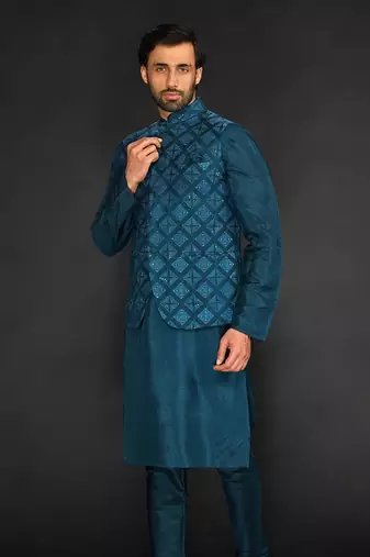 Teal Green Geometric Machine Textured Bundi Paired With Silk Kurta And Slim Pant
