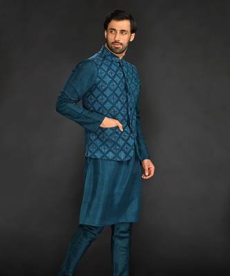 Teal Green Geometric Machine Textured Bundi Paired With Silk Kurta And Slim Pant 4