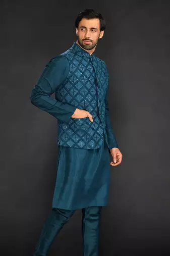 Teal Green Geometric Machine Textured Bundi Paired With Silk Kurta And Slim Pant