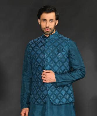 Teal Green Geometric Machine Textured Bundi Paired With Silk Kurta And Slim Pant 5