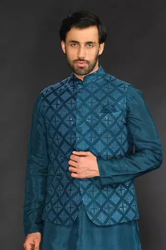 Teal Green Geometric Machine Textured Bundi Paired With Silk Kurta And Slim Pant