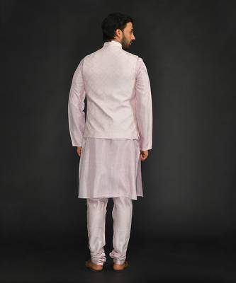 Powder Pink Mirror Work Machine Embroidered Bundi With Silk Kurta And Chudidar Bottom 2