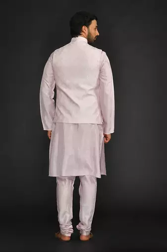 Powder Pink Mirror Work Machine Embroidered Bundi With Silk Kurta And Chudidar Bottom