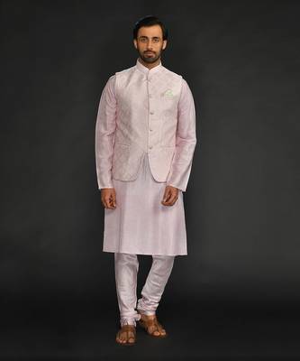 Powder Pink Mirror Work Machine Embroidered Bundi With Silk Kurta And Chudidar Bottom 1