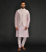 Powder Pink Mirror Work Machine Embroidered Bundi With Silk Kurta And Chudidar Bottom