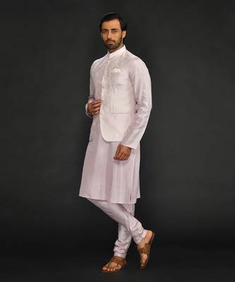 Powder Pink Mirror Work Machine Embroidered Bundi With Silk Kurta And Chudidar Bottom 3