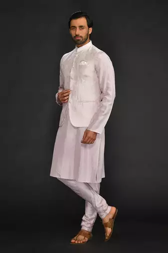 Powder Pink Mirror Work Machine Embroidered Bundi With Silk Kurta And Chudidar Bottom