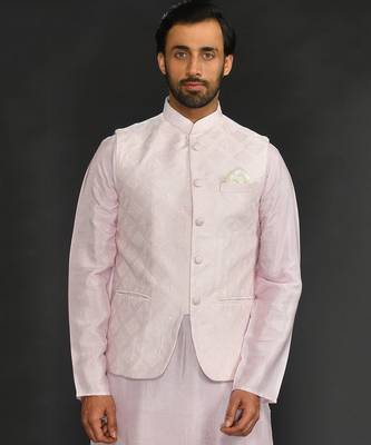 Powder Pink Mirror Work Machine Embroidered Bundi With Silk Kurta And Chudidar Bottom 4