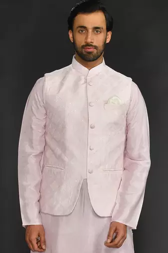 Powder Pink Mirror Work Machine Embroidered Bundi With Silk Kurta And Chudidar Bottom