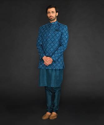 Teal Green Geometric Machine Textured Bandgala Paired With Silk Kurta And Slim Pant 1