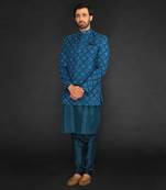 Teal Green Geometric Machine Textured Bandgala Paired With Silk Kurta And Slim Pant