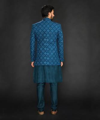 Teal Green Geometric Machine Textured Bandgala Paired With Silk Kurta And Slim Pant 2