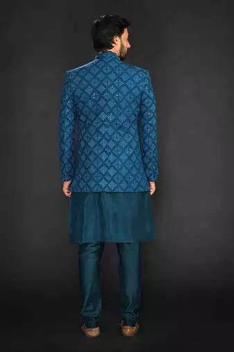 Teal Green Geometric Machine Textured Bandgala Paired With Silk Kurta And Slim Pant