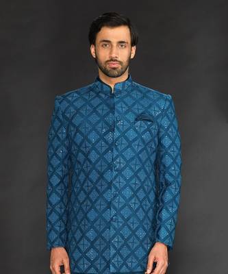 Teal Green Geometric Machine Textured Bandgala Paired With Silk Kurta And Slim Pant 3