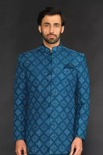Teal Green Geometric Machine Textured Bandgala Paired With Silk Kurta And Slim Pant