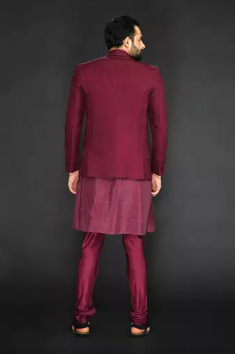 Maroon Textured Machine Embroidered Blazer Paired With Kurta And Slim Pant