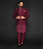 Maroon Textured Machine Embroidered Blazer Paired With Kurta And Slim Pant