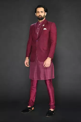 Maroon Textured Machine Embroidered Blazer Paired With Kurta And Slim Pant