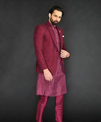 Maroon Textured Machine Embroidered Blazer Paired With Kurta And Slim Pant 4