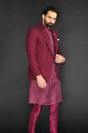 Maroon Textured Machine Embroidered Blazer Paired With Kurta And Slim Pant