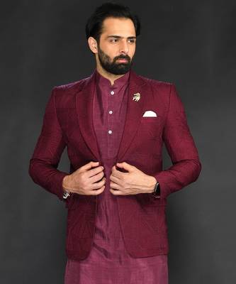 Maroon Textured Machine Embroidered Blazer Paired With Kurta And Slim Pant 5