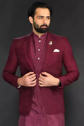 Maroon Textured Machine Embroidered Blazer Paired With Kurta And Slim Pant