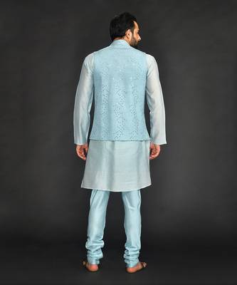 Powder Blue Mirro Textured Embroidery Bundi With Vis. Silk Kurta Paired With Chudidar 2