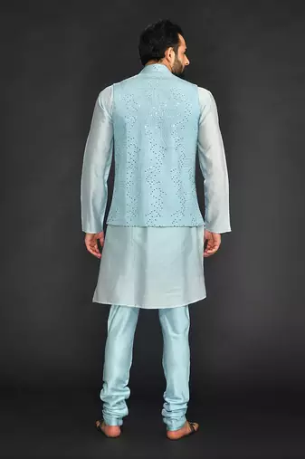 Powder Blue Mirro Textured Embroidery Bundi With Vis. Silk Kurta Paired With Chudidar