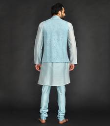 Powder Blue Mirro Textured Embroidery Bundi With Vis. Silk Kurta Paired With Chudidar
