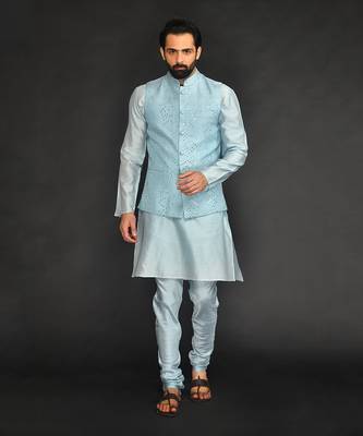Powder Blue Mirro Textured Embroidery Bundi With Vis. Silk Kurta Paired With Chudidar 1