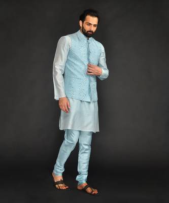 Powder Blue Mirro Textured Embroidery Bundi With Vis. Silk Kurta Paired With Chudidar 3