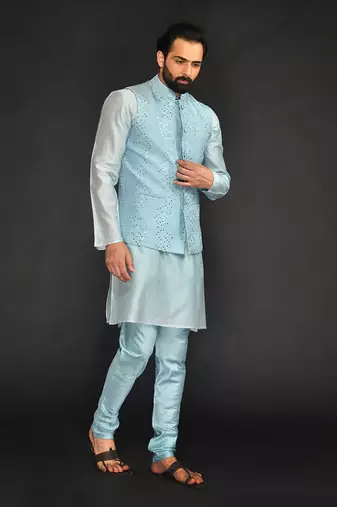 Powder Blue Mirro Textured Embroidery Bundi With Vis. Silk Kurta Paired With Chudidar