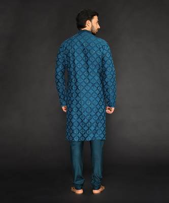 Teal Blue Pure Chanderi Machine Textured Embroidered Kurta Paired With Chudidar 2