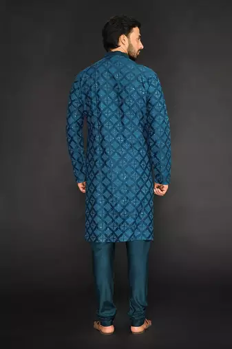 Teal Blue Pure Chanderi Machine Textured Embroidered Kurta Paired With Chudidar