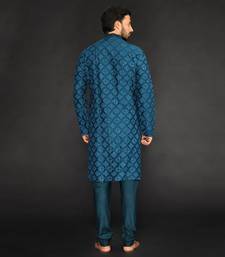 Teal Blue Pure Chanderi Machine Textured Embroidered Kurta Paired With Chudidar