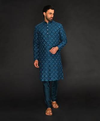 Teal Blue Pure Chanderi Machine Textured Embroidered Kurta Paired With Chudidar 1