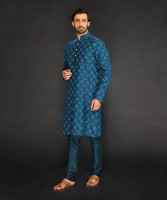 Teal Blue Pure Chanderi Machine Textured Embroidered Kurta Paired With Chudidar 3