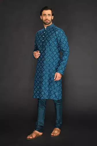 Teal Blue Pure Chanderi Machine Textured Embroidered Kurta Paired With Chudidar