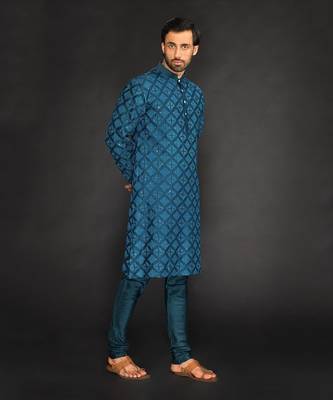 Teal Blue Pure Chanderi Machine Textured Embroidered Kurta Paired With Chudidar 4